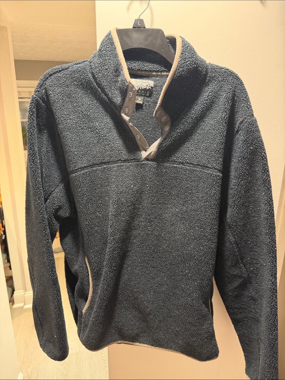 J. Crew Navy Sherpa Zip-Up Pullover with Tan Trim